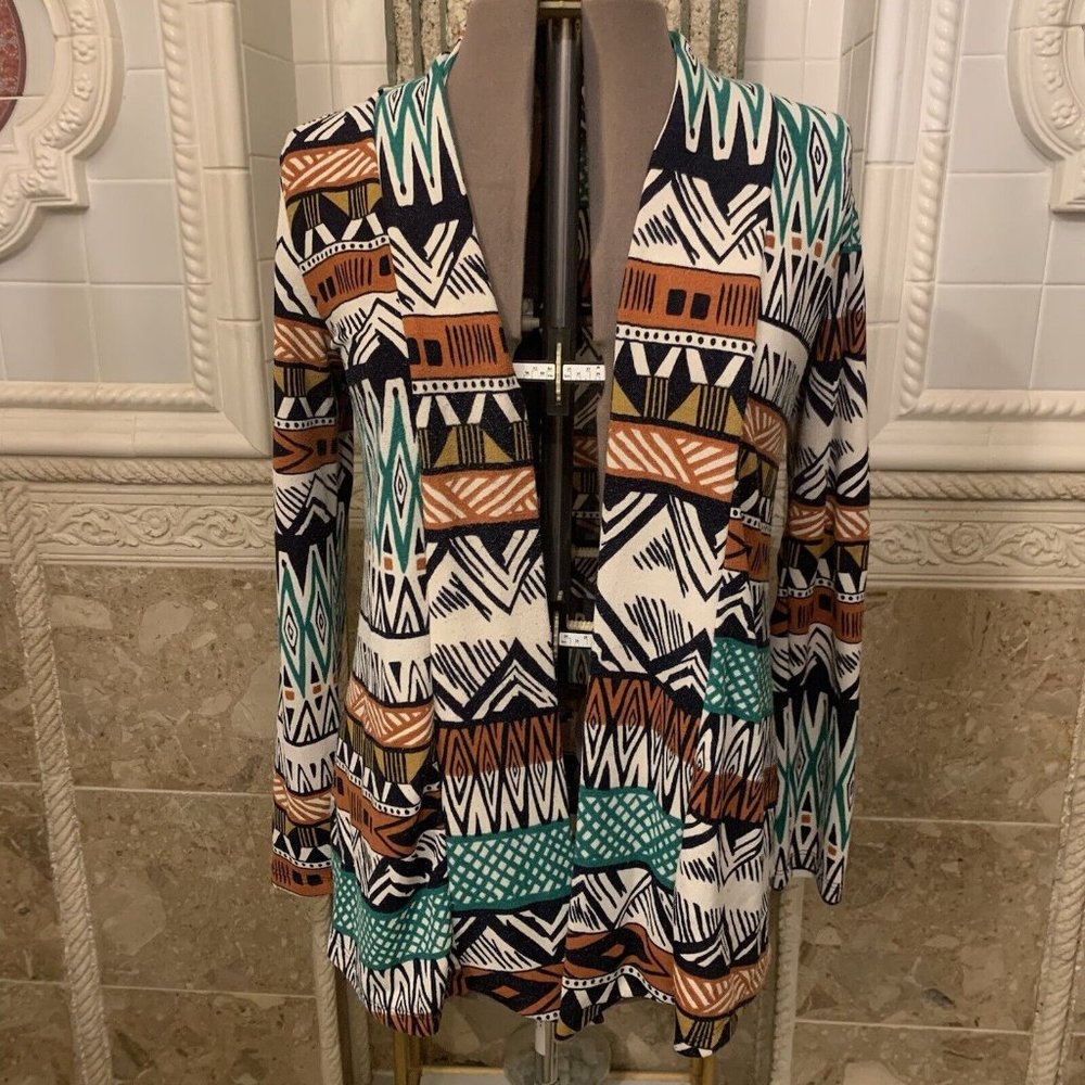Adrienne Open Cardigan in Teal, Rust, Black & White Geometric Print - Picture 3 of 12
